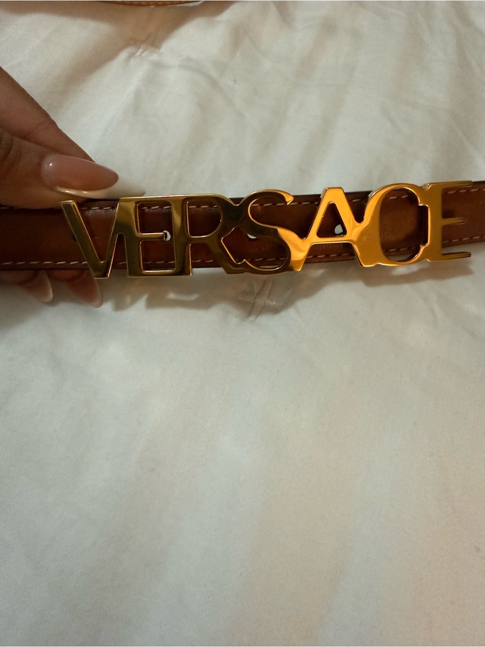 Versace Brown Leather Belt with Gold Logo Buckle